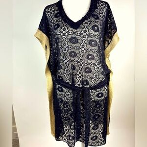 NWOT Black and Gold Kaftan Floral Crochet Swim Coverup with Belted Waist
